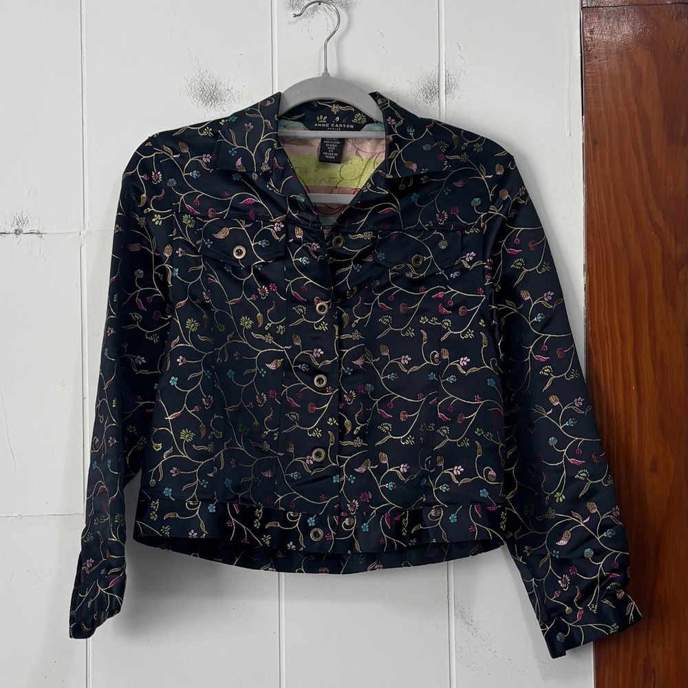 Anne Carson Petite Embroidered Floral Jacket Black Satin Button Up Small